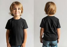 Front And Back View Of A Little Boy Wearing T Shirt With Empty Space For Text Or Product A Blank Black T Shirt, Generative AI.