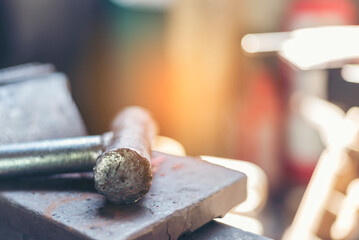 Wall Mural - Mechanic tools engineering equipment car auto repair shop with copy space. Blurred background mechanical service. Heavy screw grungy rusted wrenches dirty screwdriver object. Industrial hardware set