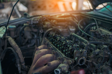 Wall Mural - Heavy screw grungy rusted wrenches dirty screwdriver object. Industrial hardware set. Mechanic tools engineering equipment car auto repair shop with copy space. Blurred background mechanical service