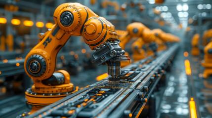 Industrial robot arms working in factory production line. Concept of artificial intelligence for industrial revolution and automation manufacturing process