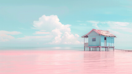 Wall Mural - pink beach house on a beach with clouds and pink sky