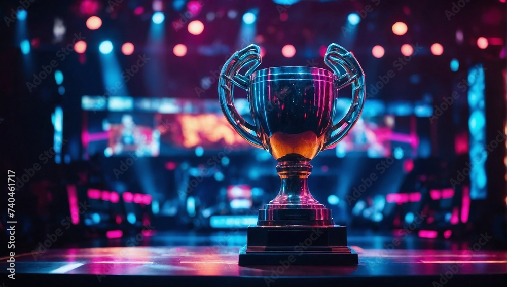 esports winner trophy standing on the stage in the middle of the arena ...