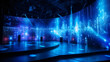 © Kanlayarawit - An empty room with a stage, graphic hologram and spotlight design for a futuristic background presentation. Front view. Blue color tone.
