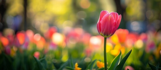 Sticker - A vibrant pink tulip standing out in a sea of colorful tulips under the sun