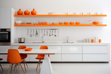 A sleek, minimalist kitchen with a touch of warmth through vibrant orange accents on utensils and small appliances against a white backdrop.