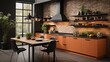A modern kitchen with soft terracotta cabinets and dark brick quartz countertops