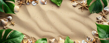 Top View Frame Border Sea Shells And Starfish Tropical Leaves On Sand Beach Background