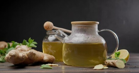 Wall Mural - steaming glass kettle with organic herbal tea