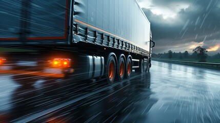 Truck chassis and orange wheels on a wet road in rainy weather, close-up. Safety concept and tire grip on wet road