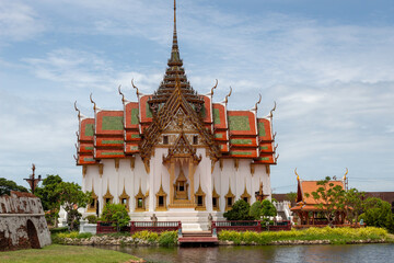 Colorful detailed architecture of Dusit Maha Prasat Throne Hall pagoda temple building exterior at Ancient City Siam Bangkok Thailand