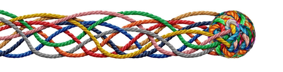 Leinwandbilder - Action Group Integration and Collective Effort Unification moving forward with Unity and a teamwork concept as a business metaphor as diverse ropes connected together in a ball.