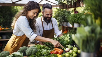 Happy caucasian couple at vegetables and fruits shop.