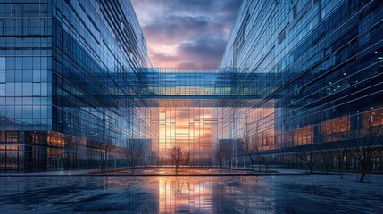 Night architecture. Skyscrapers with glass facade. Modern buildings in business district. . Business, economy and finances concept