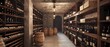Wine bottles in the storage cellar in a wooden room with wooden surface and empty space, Generative AI.
