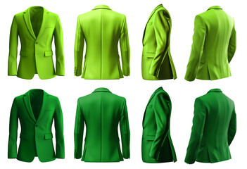 2 Set of dark light green lime, front back side view, business collar suit blazer jacket coat on transparent background cutout, PNG file. Mockup template for artwork graphic design