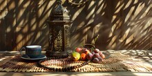 Traditional Lantern, Fruit Dates, Rosary Beads And Cup Of Arabic Coffee On Small Straw Mat With Arabesque Shadow Effect - Generative Ai
