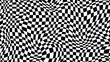 Trippy checkerboard background, wavy checker pattern, optical illusion. Vector seamless black and white swirl. Abstract distorted psychedelic texture, geometric ornament, monochrome chessboard print