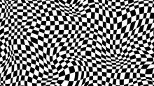 Trippy Checkerboard Background, Wavy Checker Pattern, Optical Illusion. Vector Seamless Black And White Swirl. Abstract Distorted Psychedelic Texture, Geometric Ornament, Monochrome Chessboard Print