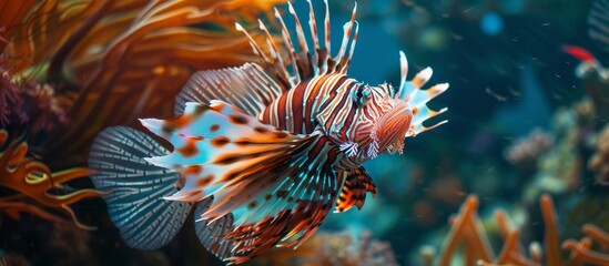 Wall Mural - An electric blue lionfish swims gracefully in the water near a stunning coral reef, showcasing the beauty of marine biology and underwater organisms