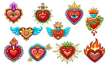 Mexican Sacred Heart Tattoos With Burning Fire Flame And Wings, Vector Symbols. Sacred Heart Or Corazon Milagro With Arrow Or Thorn And Blood Drop Or Christian Cross And Eye For Mexican Art Tattoo