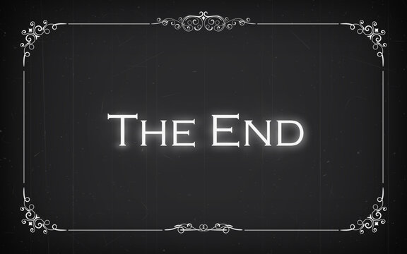 Silent cinema film end, movie screen with retro ornamental border frame. Vector vintage conclusion of the Hollywood cinematography narrative, white glow words the end on black background in noir style