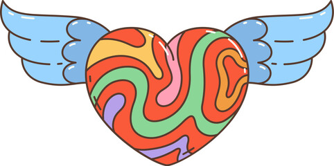 Wall Mural - Cartoon retro groovy hippie winged heart with bold, swirling, vibrant, psychedelic colors. Isolated vector symbol encapsulates free spirit of the 60s and 70s hippie movement, love or Valentines day