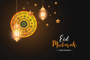 Wall Mural - Eid Mubarak wishes or greeting card social media eid al fitr banner, post design with chocolate color background star or golden lantern and yellow mandala vector illustration