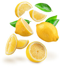 Wall Mural - Ripe lemon fruits with leaf levitating in air on white background. File contains clipping paths.