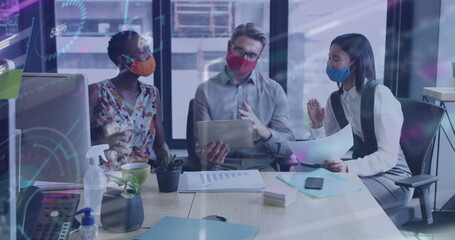 Wall Mural - Image of financial data processing over diverse business people with face masks at meeting