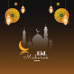 Wall Mural - Eid Mubarak wishes or greeting social media eid al fitr post , banner, design with chocolate color background mosque or golden lantern and yellow mandala vector illustration