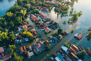 Wall Mural - Aerial View of houses flooded caused by Climate Change