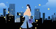 Image of fashion drawing of model over cityscape