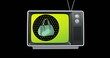 Image of sale text and handbag icon in tv on black background