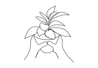 Wall Mural - Plant in hands, one line drawing vector illustration.