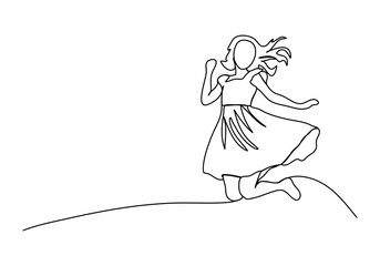 Wall Mural - Woman in dress jumps, one line drawing vector illustration.