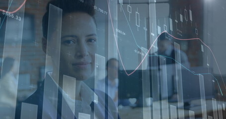 Poster - Image of statistic processing over business people at conference