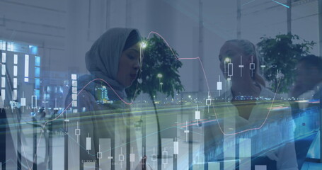 Poster - Image of statistic processing over businesswomen at conference