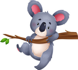 Funny koala bear cartoon character hanging on branch. Koala childish personage, zoo animal funny mascot or Australia jungle bear cute isolated vector character climbing tree