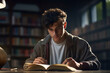 © vejaa - Young male student reading book in library, preparing for test, exam. Overworked guy disheartened by difficulty of the subject. University, college studies, learning difficulties