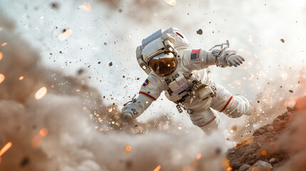an astronaut in a white space suit hovers in the cosmos surrounded by illuminated cosmic particles a