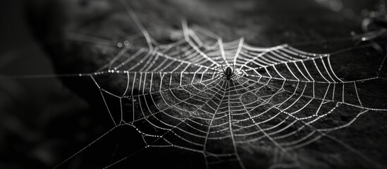 Wall Mural - Spectacular spider web glistening on a rugged rock in the wilderness