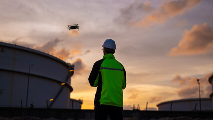 Engineer surveyor team under used drone camera for operator inspecting and survey construction site with gas oil refinery background.