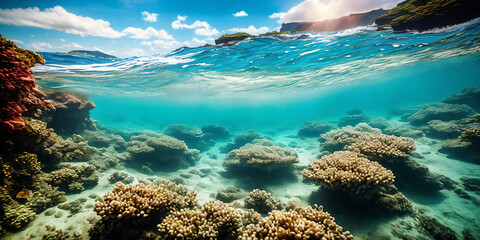 Wall Mural - a vivid sunset and vibrant underwater panorama unfolds. generative ai