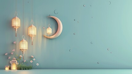 Islamic decoration background with lantern and crescent moon luxury style, ramadan kareem, mawlid, iftar, isra miraj, eid al fitr adha, muharram, copy space text area Eid Ul Fitr - generative ai