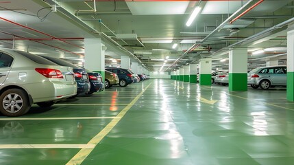 Poster - Car Parking Lot Area on Deck Floor of Shopping Mall, Perspective View Empty of Car Park Structure Building at Department Store. Auto Service Parking Lots : Generative AI