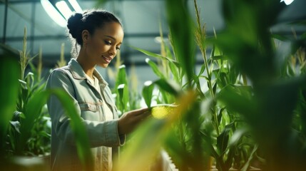 Poster - A happy female geneticist scientist checks the growth of plants, examines crops, pests, develops new varieties of corn in the greenhouse. Bioengineering, Biotechnology, Agronomy concepts.