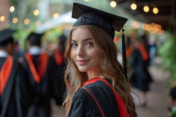 Wall Mural - A happy graduating student wearing cap and gown near a university, seen from behind.