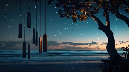 Wall Mural - koshi chimes, beach background, night time, minimalistic, photogenic