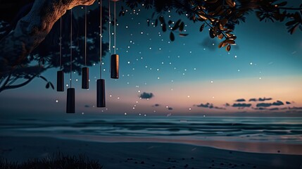 Wall Mural - koshi chimes, beach background, night time, minimalistic, photogenic