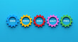 Core business values or concepts written in cogwheels on blue background.